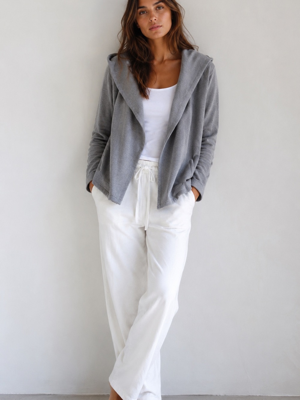 James Perse Open Front Hooded Cotton Cardigan Gray Size 4 L Minimalist